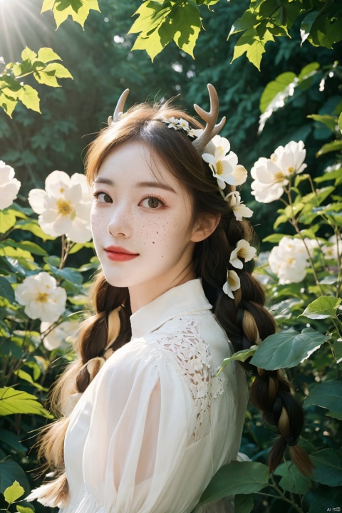  Vintage portrait, photography style, soft focus, pure face,Deer, girl, antlers, vine with leaves, Blonde hair, European and American advanced face, freckles, Detailed light and shadow, Wind, (Strong Sunshine),Two plaits, The forest,Front light source,
, (\xing he\), tm, flowing skirts,Giant flowers,