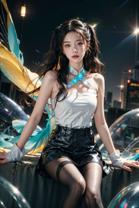  ((best quality)),((masterpiece)), 20-year-old girl, knee shot, hair fluttering, (long hair),jewelry, twintails, hair bun, chromatic dispersion, glowing colors, (metallic_lustre:1.3), (transparent_plastic:1.1), coloured glaze, Polychromatic prism effect, rainbowcore, iridescence/opalescence, see_through, aluminum foil, glowing ambianc, night sky city background, neon, star, standard-breast, ,liuli2,fishnet pantyhose,Fishnet stockings, aqueous media,