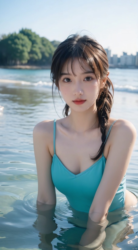  best quality, masterpiece,little girl,12 years old,beautiful detailed eyes,aqua eyes,solo,bunches,bangs,cute face,swimsuit,Playing in the water by the beach,realistic,8k, xiqing, 1 girl
