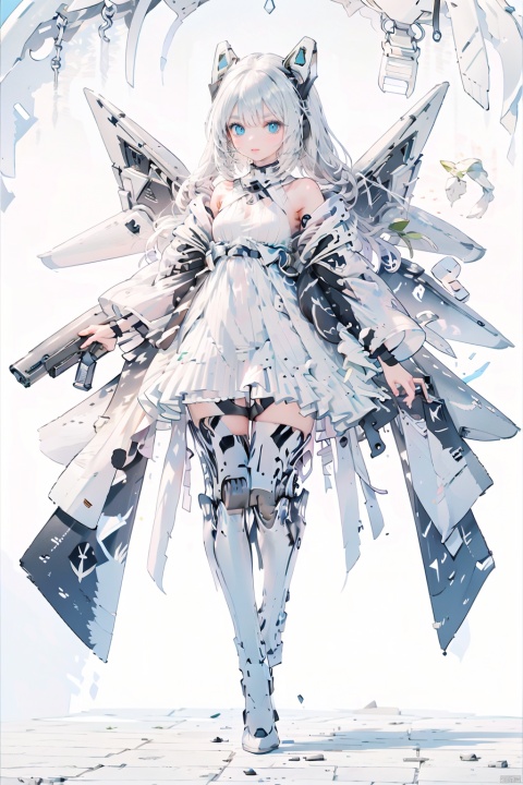  The image depicts a robot girl with white hair and blue eyes, dressed in a white dress and black boots. she has two mecha white wings with a giant fan on each wing. She is standing in a blue splash and carrying a sword on her right and a gun on her left., baimecha, machinery