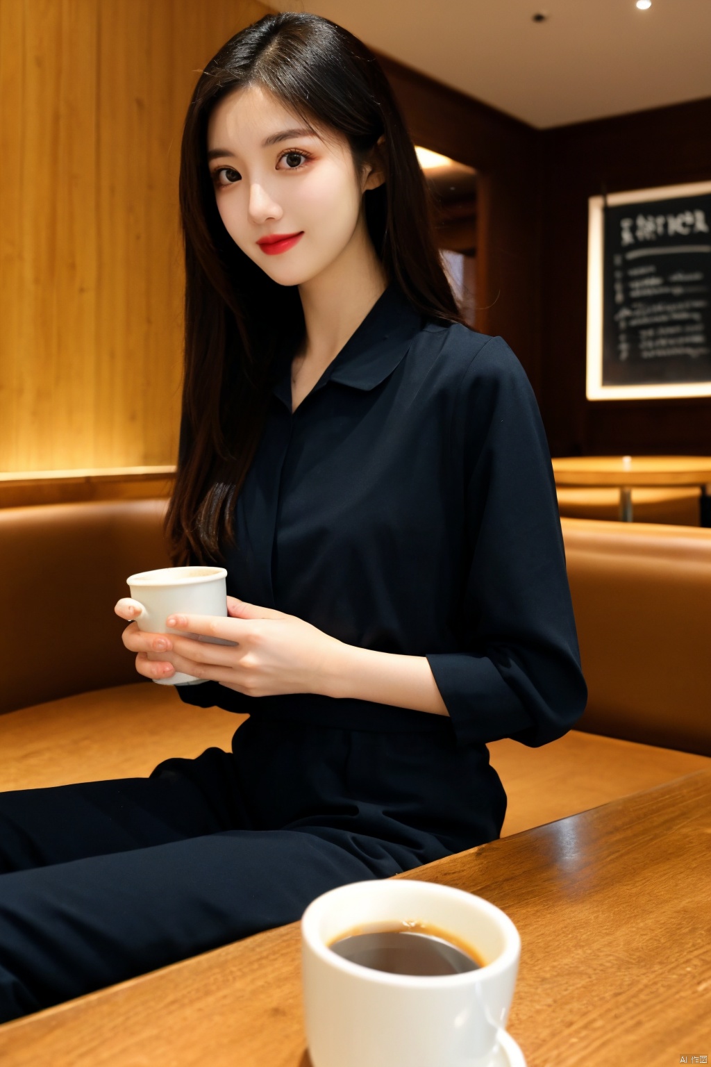 The image is well-lit, with natural light creating a warm atmosphere. The woman, with long, dark hair, is sitting at a dining table in a cafe, holding a cup of coffee. The vibrant colors in the image, including the woman's black jumpsuit, create a pleasing composition. The quality of the image is excellent, with no visible noise or graininess. The woman's relaxed and comfortable demeanor is captured in the cafe setting, 1girl