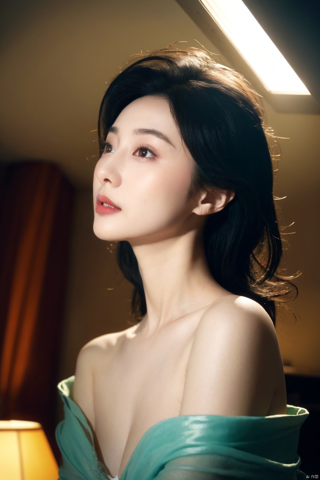  (RAW photo, best quality), (realistic, photo-realistic:1.2), 1girl,middle breasts,Cleavage,undergarments,Upper body, high quality, (high detailed skin:1.4), puffy eyes, gorgeous hair, (dark room:1.3), (rim lighting:1.3), (dimly lit:1.3), (dark night:1.3), indoors, portrait, black hair, dark background, short hair,1girl,邱淑贞, sufei, GIRL,fanbingbing