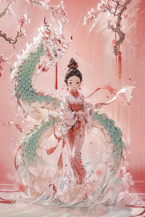  1girl,dragon,kp,red background,chinese clothes,chinese new year,red theme,full body, lbb