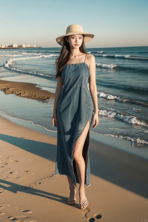  1 girl, full body photo, at the seaside, wearing a sun hat, photographic texture, realistic