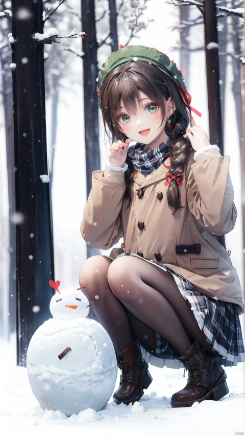  1girl, solo, snowman, pantyhose, squatting, hat, looking at viewer, green eyes, bangs, open mouth, long sleeves, earrings, scarf, jewelry, blush, snow, skirt, smile, boots, artist name, braid, beret, fingernails, shiny, ribbon, shiny hair, full body, outdoors, pleated skirt, coat, heart, hair ribbon, snowing, turtleneck, :d, sleeves past wrists, ankle boots, brown footwear, sweater, own hands together, jacket, nail polish, light brown hair, hands up, signature, plaid scarf, winter, plaid, winter clothes