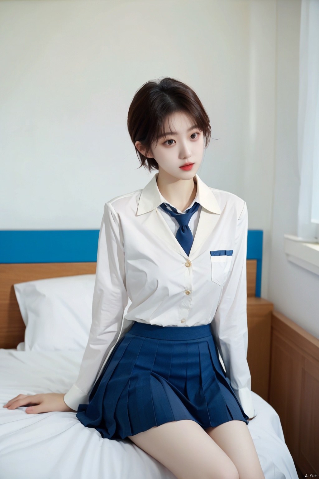  Enhanced, masterpiece, 16K, JK, 1 girl, short hair, school uniform, skirt, sitting on bed, Light master, film