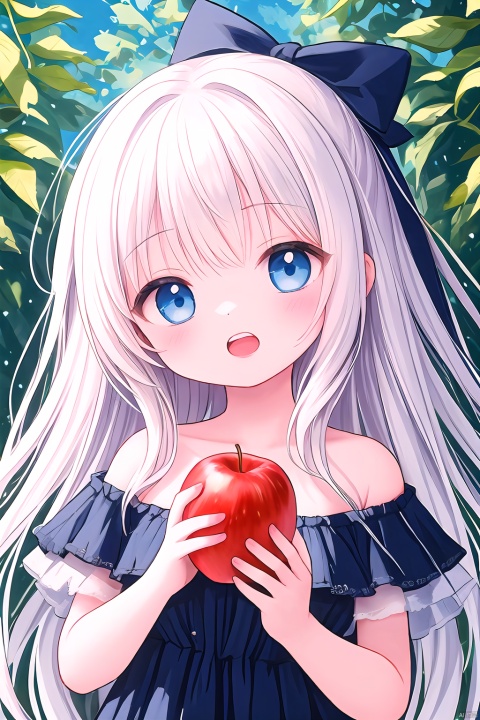  (masterpiece), (best quality),2023 Era,illustration, ultra detailed, hdr, Depth of field, (colorful), GongHa, 1girl, solo, blue eyes, fruit, long hair, open mouth, food, dress, holding, looking at viewer, breasts, bare shoulders, bow, upper body, blue ribbon, ribbon, bangs, blush, holding food, apple, blue bow, hair bow, holding fruit, cleavage, flower, white hair, off-shoulder dress, black dress, hand up, upper teeth only, teeth, off shoulder