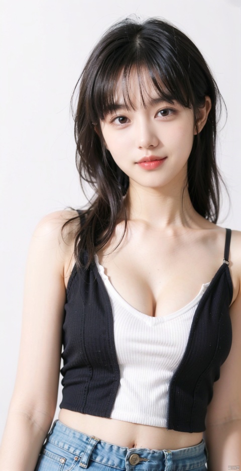  1girl, 16 years old, black hair, long hair, (smile:0.6), halfway hairstyle,cleavage,(Black camisole vest), Tight fitting clothing, V-neck, medium chest,
solid_background, white_background, , 1girl