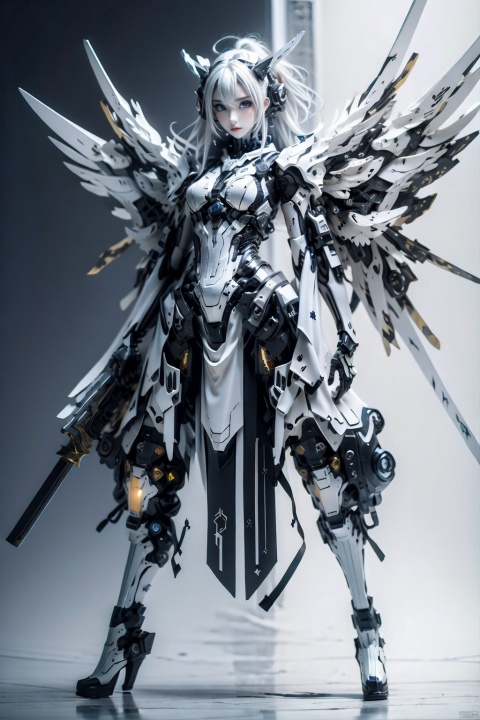  The image depicts a robot girl with white hair and blue eyes, dressed in a white dress and black boots. she has two mecha white wings with fan on each wing. She is standing in a blue splash and carrying a sword on her right and a gun on her left., baimecha