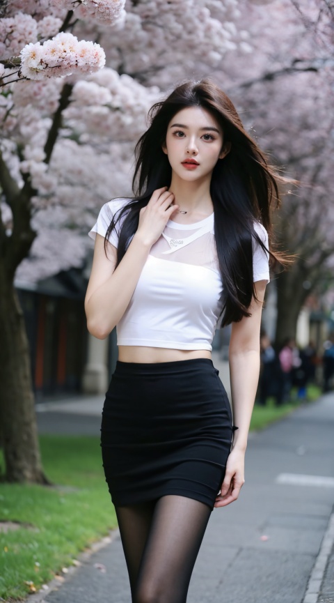  Best Quality, masterpiece, 16K, JK, uniform, 1 girl, portrait, seducing , walk in the street, wind, flowing hair,long hair,
black sexy skirt, (see through:1.2) , long 
 legs, black pantyhose, (beautiful face:1.4), t-shirt, 5 fingers,cherry_blossoms background,