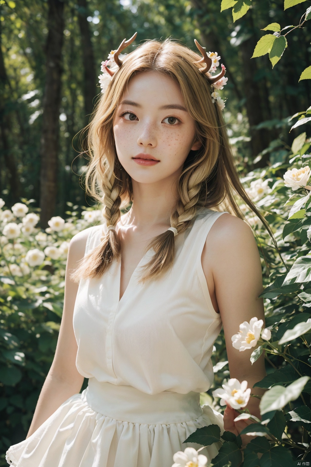  Vintage portrait, photography style, soft focus, pure face,Deer, girl, antlers, vine with leaves, Blonde hair, European and American advanced face, freckles, Detailed light and shadow, Wind, (Strong Sunshine),Two plaits, The forest,Front light source,
, (\xing he\), tm, flowing skirts,Giant flowers,