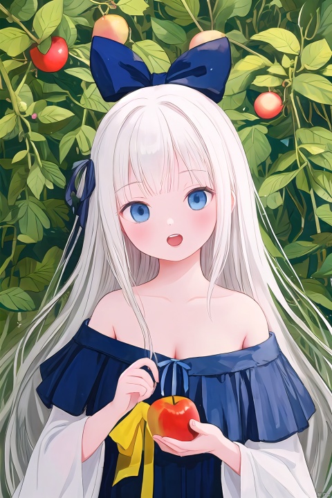  (masterpiece), (best quality),2023 Era,illustration, ultra detailed, hdr, Depth of field, (colorful), GongHa, 1girl, solo, blue eyes, fruit, long hair, open mouth, food, dress, holding, looking at viewer, breasts, bare shoulders, bow, upper body, blue ribbon, ribbon, bangs, blush, holding food, apple, blue bow, hair bow, holding fruit, cleavage, flower, white hair, off-shoulder dress, black dress, hand up, upper teeth only, teeth, off shoulder