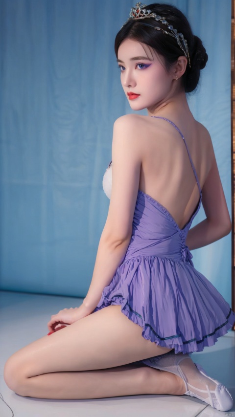  1girl, tutu, ballerina, solo, breasts, ballet slippers, brown hair, ballet, crown, athletic leotard, looking at viewer, leotard, bare shoulders, collarbone, full body, arched back, see-through, cleavage, mini crown, bangs, small breasts, dress, hair ornament, one side up, blue eyes, simple background, purple eyes, long hair,moyou