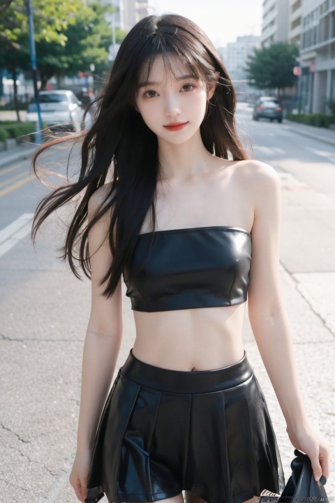  masterpiece,8K,best quality,1girl,smile,navel,long hair,breasts,solo,looking at viewer,midriff,realistic,blurry background,blurry,medium breasts,tank top,pencil_skirt,teeth,crop top,brown eyes,red lips,black hair,long hair,massive hair,light behind hair,hair in front,her hair rested on her shoulders,sun behind,slim hip,float hair,floating hair,flying hair,hair blown by the wind,white clouds behind,the broken hair in the front,messy shaggy hair,dust blown by the wind,mist in front,best quality,ultra high res,ice magic,light particles,sparkle,backlighting,loli,little girl,(child:0.5),13yo,rubber mesh clothes,(black and vibrant ruby red color),art by agnes cecile and agostino arrivabene and alberto dros,drawing,freeform,swirling patterns,doodle art style,little girl,black miniskirt,Leather clothes,Strapless, 1 girl