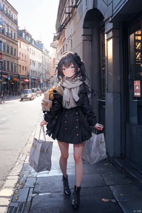  1girl, apple, bag, baguette, bangs, basket, beret, black_hair, black_legwear, blunt_bangs, bread, building, burger, castle, city, cityscape, doughnut, dress, eating, food, grocery_bag, hat, holding, house, long_hair, mouth_hold, paper_bag, shopping_bag, skyscraper, solo, street, thighhighs, town, wagashi