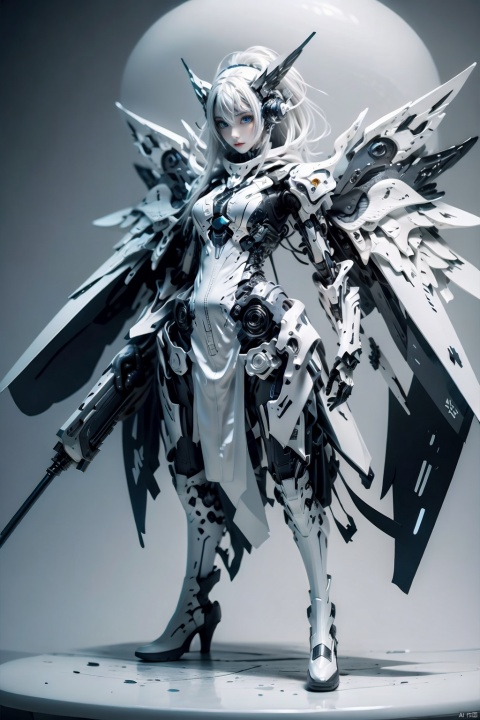 The image depicts a robot girl with white hair and blue eyes, dressed in a white dress and black boots. she has two mecha white wings with fan on each wing. She is standing in a blue splash and carrying a sword on her right and a gun on her left., baimecha