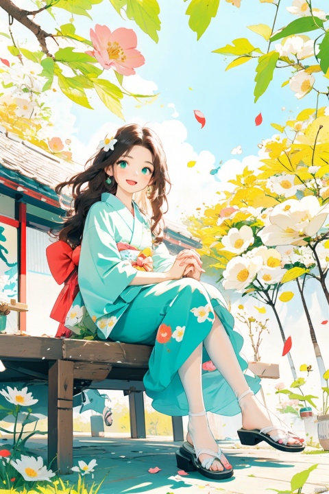  1girl, aerith_gainsborough, brown_hair, cherry_blossoms, confetti, falling_petals, floral_print, flower, green_eyes, hair_flower, hair_ornament, interlocked_fingers, japanese_clothes, jewelry, kimono, long_hair, looking_at_viewer, open_mouth, own_hands_together, petals, pink_dress, rose_petals, sandals, smile, solo, very_long_hair, backlight, colors, white pantyhose
, 1 girl, Light-electric style, autumn yellow leaves, childpaiting