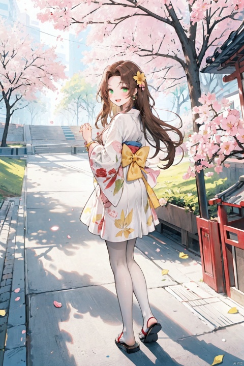  1girl, aerith_gainsborough, brown_hair, cherry_blossoms, confetti, falling_petals, floral_print, flower, green_eyes, hair_flower, hair_ornament, interlocked_fingers, japanese_clothes, jewelry, kimono, long_hair, looking_at_viewer, open_mouth, own_hands_together, petals, pink_dress, rose_petals, sandals, smile, solo, very_long_hair, backlight, colors, white pantyhose
, 1 girl, Light-electric style, autumn yellow leaves