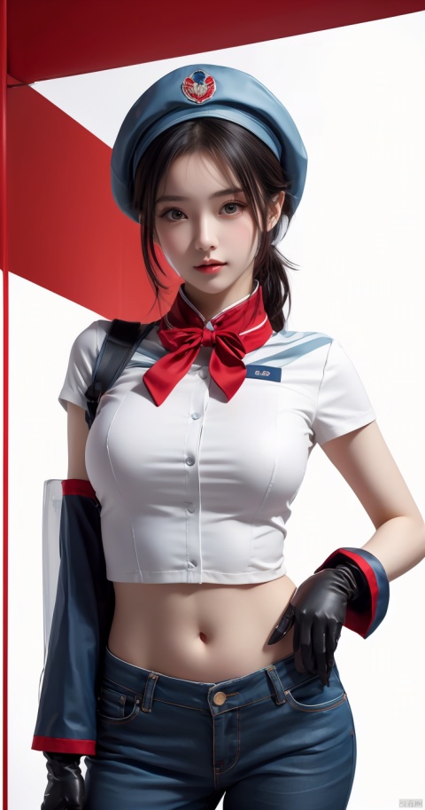  High quality, masterpiece, wallpaper, 1 girl, Stewardess, red unifrom, white gloves,Soldier berets,Half body,xiaowu,Half body,Expose your navel, expose your shoulders,
