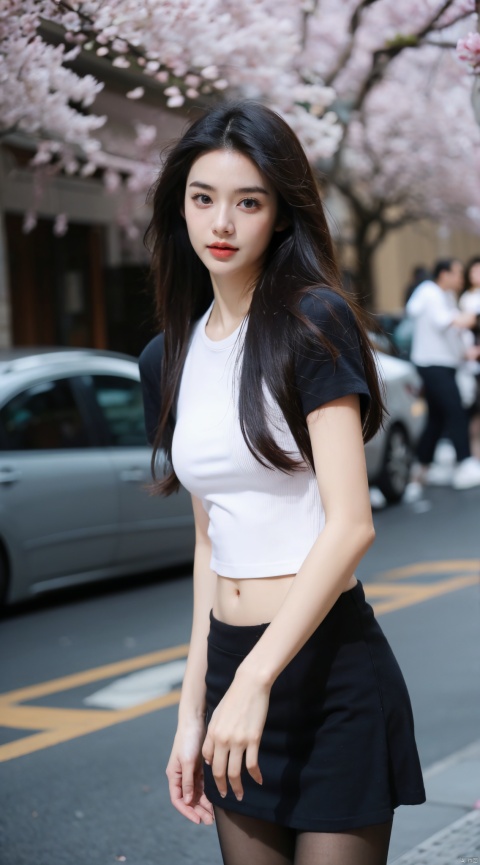  Best Quality, masterpiece, 16K, JK, uniform, 1 girl, portrait, walk in the street, wind, flowing hair,long hair,
black sexy skirt, (see through:1.2) , long 
 legs, black pantyhose, (beautiful face:1.4), t-shirt, 5 fingers,cherry_blossoms background,