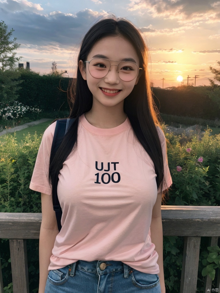  beautiful illustration, best quality,masterpiece,ultra detailed skin,great detail,realistic,photorealistic, (High definition background:1.2),
(nsfw:0),(completely nude:0),
1girl , (10 years old girl:1.2) ,glasses, light smile, full face blush,(plump), very long hair,absurdly_long_hair, black hair, big breasts,
in garden, t-shirt, blue_jeans,smile, (sunset, moon, cloud, red sun), chair, cola, glass cup, backpack,