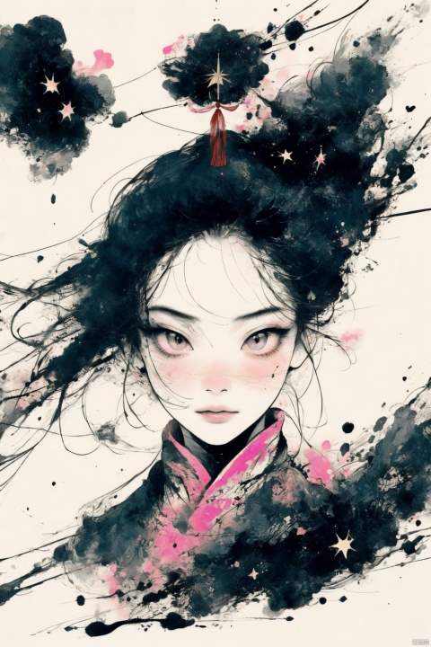  llustration style, hand-painted style, Chinese girls with black hair and black eyes,Chinese Classics, black and white, dream, dreamy, stars, clouds, decoration, great works, 8k, clear details, rich picture, blank background, flat color, vector illustration, pink fantasy, sdmai, zydink, moriyama photo, heibai