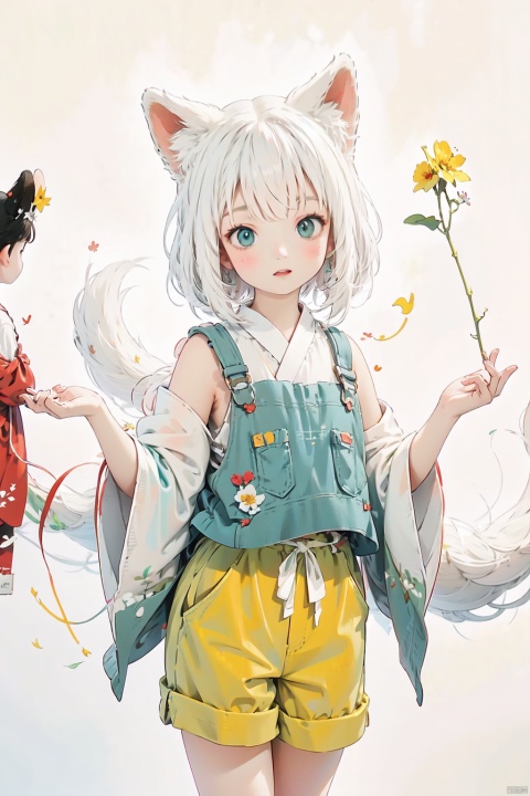 The image is an illustration depicting a white fox and a small boy. From a lighting perspective, the distribution of light is even, with适度的明暗对比, allowing the outline of the white fox and the boy to be clearly seen. In terms of color, the overall color is dominated by white and brown, giving a warm and comfortable feeling. In terms of style, the painting employs the realistic painting technique, making every detail of the image come alive.

In terms of quality, the lines are delicate, the colors are饱满, and the details are handled with care, indicating the画家's high level of skill. The portrayal of the boy in the picture is particularly well done, with the boy dressed in yellow shorts and a green vest, holding a yellow string that is tied to a red bell, making the scene more lively and interesting.

From a style perspective, the style of the picture leans towards fairy tale and fantasy, giving a mysterious and dreamlike feeling. The white fox's eyes seem to be looking at the boy, giving a warm and friendly feeling, while the boy's eyes are filled with curiosity and anticipation, giving a lively and开朗的感觉.

Overall, the picture's lighting, color, style, quality, and portrayal of characters, objects, clothing, actions, expressions, and psychological states are all handled well, making it an excellent illustration.