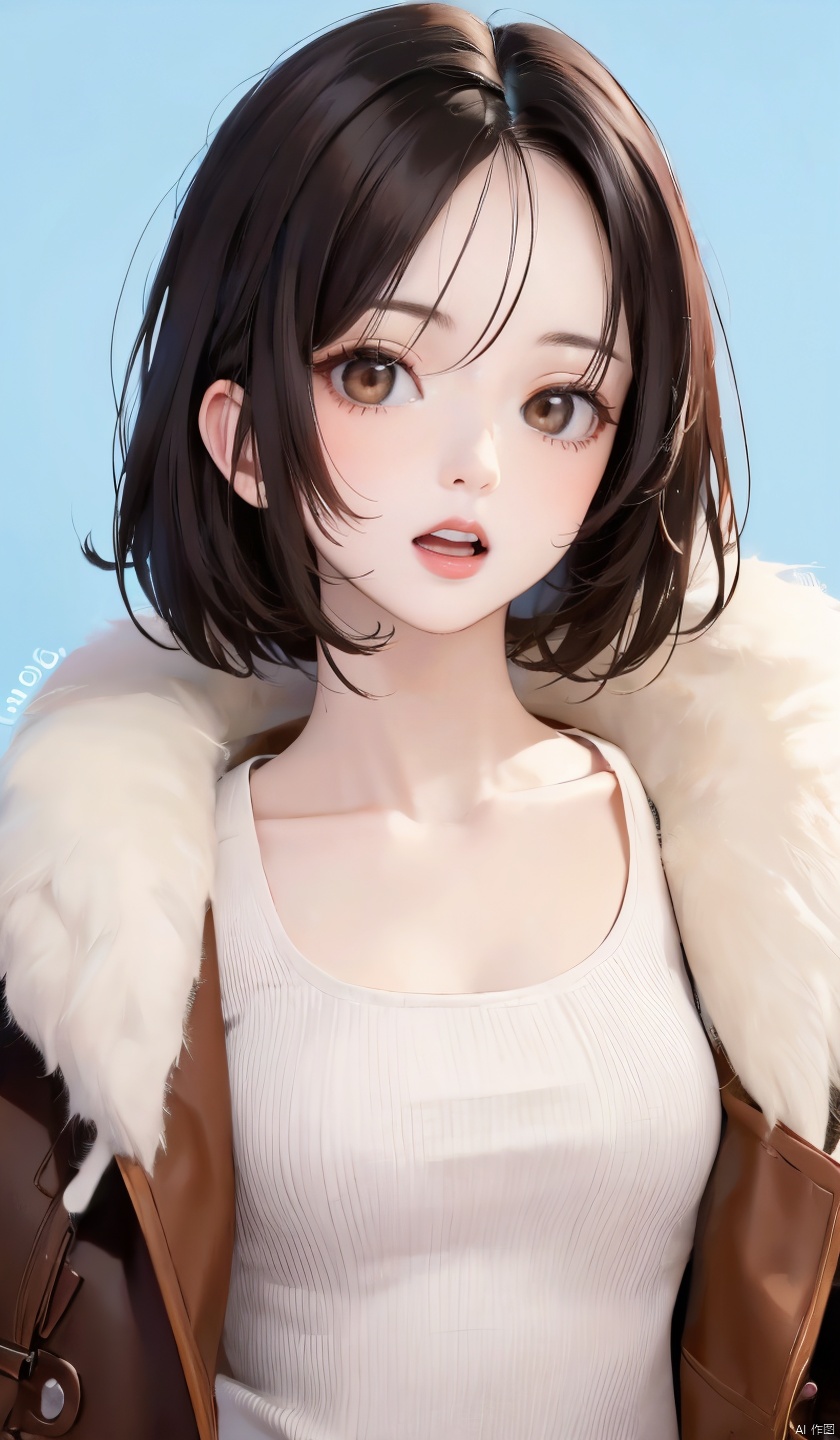  1girl,blue_background,breasts,brown_eyes,brown_hair,collarbone,fur,fur_coat,fur_collar,fur_trim,hand_on_own_face,lips,looking_at_viewer,nose,open_mouth,realistic,short_hair,solo,teeth, 1girl