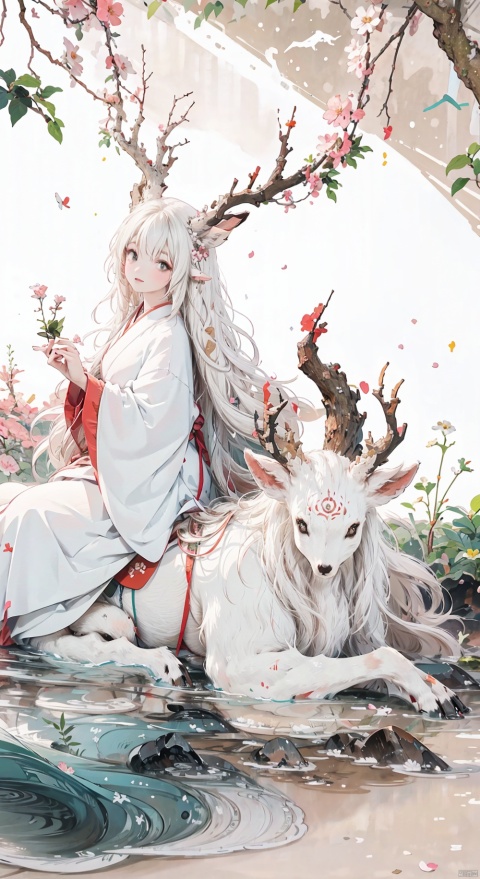  The image features a white deer with long, flowing antlers and a blooming cherry blossom tree growing out of its back. The deer is lying down in a field of gold, with a half-opened eye that appears to be looking at the viewer. The background is a mix of gold, white, and black, with a wave pattern in the bottom right corner. The overall style is reminiscent of traditional Japanese art, with delicate lines and muted colors. The quality of the image is high, with no visible noise or grain. The person in the lower right corner is wearing a black coat and hat, with a handbag in their other hand. They appear to be in a state of contemplation, their gaze directed towards the deer. The deer itself appears serene, with a slight smile on its face. The contrast between the gold field and the white deer creates a sense of depth and dimension in the image.