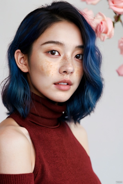  1 Asian girl, solo, expressive, dynamic, blue hair, long hair, brown eyes, pale skin girl, pale skin, freckles, turtleneck, bare shoulders, blush, red rose in hair, looking_longingly, seductive, sexy_woman, flower background,
((poakl)),