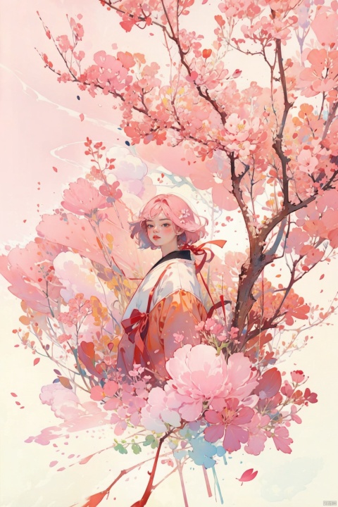  TT,flower,1girl,pink hair,pink flower,tree,ribbon,wide shot,leaf,cloud,red ribbon,gradient,cherry blossoms,gradient background,shorthair,branch,colors,迪士尼, ( figma:0.8)