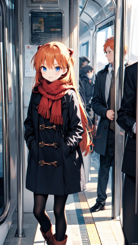  1girl, long hair, blue eyes, black hair, pantyhose, boots, multiple boys, bag, scarf, orange hair, coat, backpack, winter clothes, train interior, souryuu asuka langley, ikari shinji,moyou