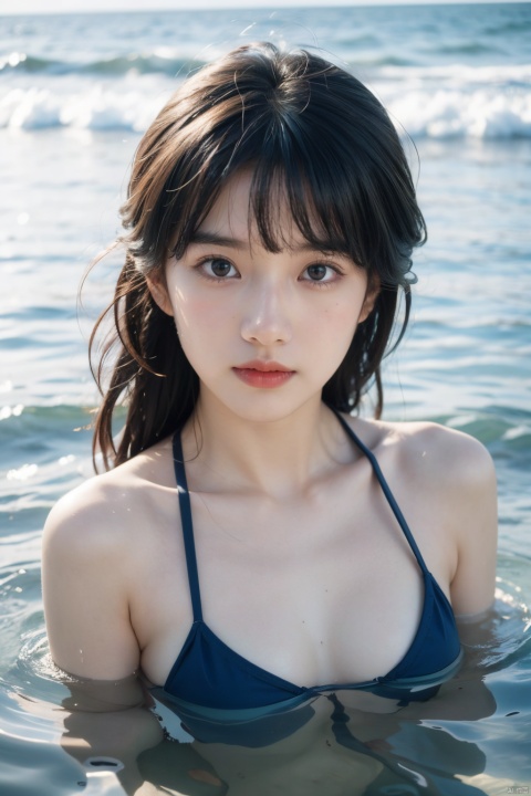  best quality, masterpiece,little girl,12 years old,beautiful detailed eyes,aqua eyes,solo,bunches,bangs,cute face,swimsuit,Playing in the water by the beach,realistic,8k