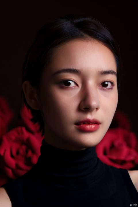  1 Asian girl, solo, expressive, hearts, dynamic, brown hair, short hair, brown eyes, pale skin girl, pale skin, turtleneck, bare shoulders, blush, red rose in hair, looking_longingly, seductive, sexy_woman, black background