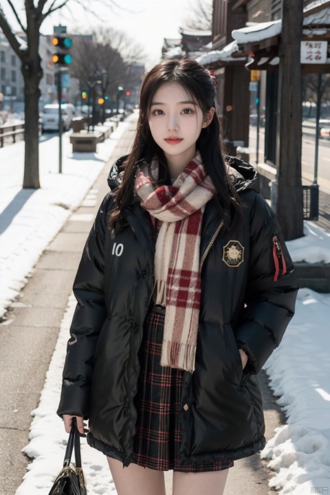 1girl,long hair, Winter clothing, college style,plaid skirt,full body,thick coat, cotton-padded jacket, plaid scarf, on the way home, snow, snow,outdoor,Master lens, golden ratio composition, (Canon 200mm f2.8L) shooting, large aperture, background blur., chinese woman,sunlight., plns, 1 girl