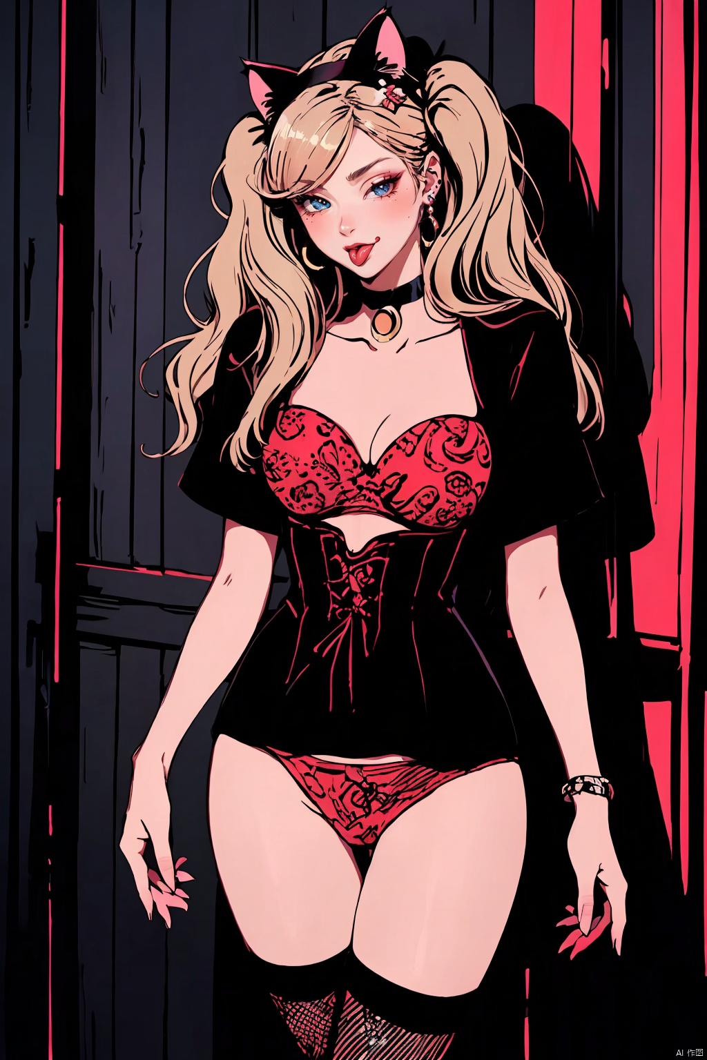  8k, masterpiece, best quality, highly detailed, 1 girl, solo, corset, no pants, thong panties, fishnets, {(high contrast), (highsaturation), red black theme, (red black white tone)}, {(woodcut:1.4), flat color, doodle}.
blonde hair,blue eyes, crimson lips,alluring makeup,earrings, a nevus near right eye, 
ogling at viewer, blushing, {(Flirting naughty face, blonde hair,blue eyes, crimson lips,alluring makeup, earrings,
ogling at viewer, blushing, {(Flirting naughty face, (wink:1.5),(cat ears, tongue out, detailed tongue:1.4)), (sexual suggestion expression, messy bangs, (blushing with desire:1.3), flirtatious glance(eyes brimming with allure:1.2))},
long hair,{twintails,(low twintail)},hair ornament, hairclip, punk, smooth lines, (one hand flipped back hair), sexy body, {(large breasts, slim waist, outward-curving hips:1.2),(plump thighs, slim calves)}, ((noticeable thigh_gap:1.1), cameltoe), attractive cleavage, {black thigh-high stockings,(digging into thigh flesh)}, feet wearing high heels or in stockings.
(cowboy shot:1.7), {(from below),(Wariza)}, Shifengji, flat, many Heart-shaped bubbles ＆ many ❤❤❤, anime