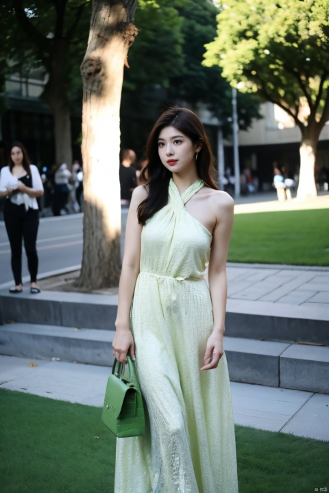  The image features a confident young woman standing outdoors on a green carpet. She is wearing a white dress with a green alligator print and carries a brown shoulder bag. Her posture and facial expression convey a sense of determination. The lighting is soft and flattering, casting a warm glow on her skin. The color palette is predominantly green and brown, with a dynamic contrast between the two. The woman's outfit, pose, and facial expression all work together to create a powerful and memorable image,large breasts, 1 girl