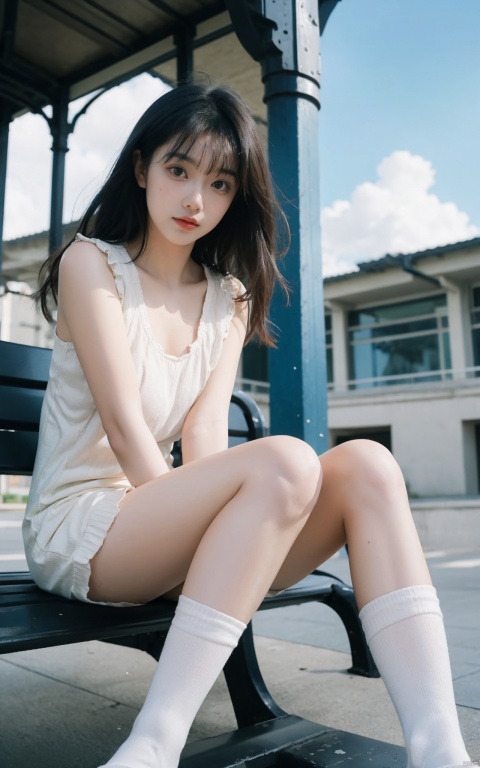 1girl,solo,sitting,bench,sky,clouds,outdoors,black hair,bird,blue sky,white socks,daytime,building,long hair,playing on the bench,bangs,cloudy sky,wide_shot,hand between legs,blurry_background,