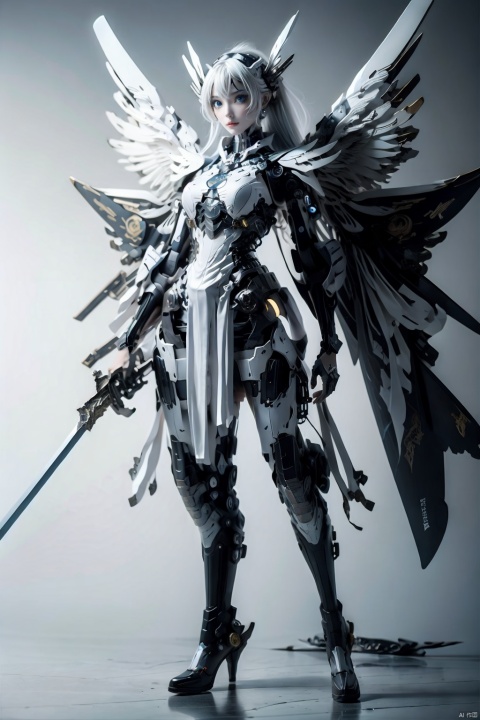  The image depicts a robot girl with white hair and blue eyes, dressed in a white dress and black boots. she has two mecha white wings with a giant fan on each wing. She is standing in a blue splash and carrying a sword on her right and a gun on her left., baimecha