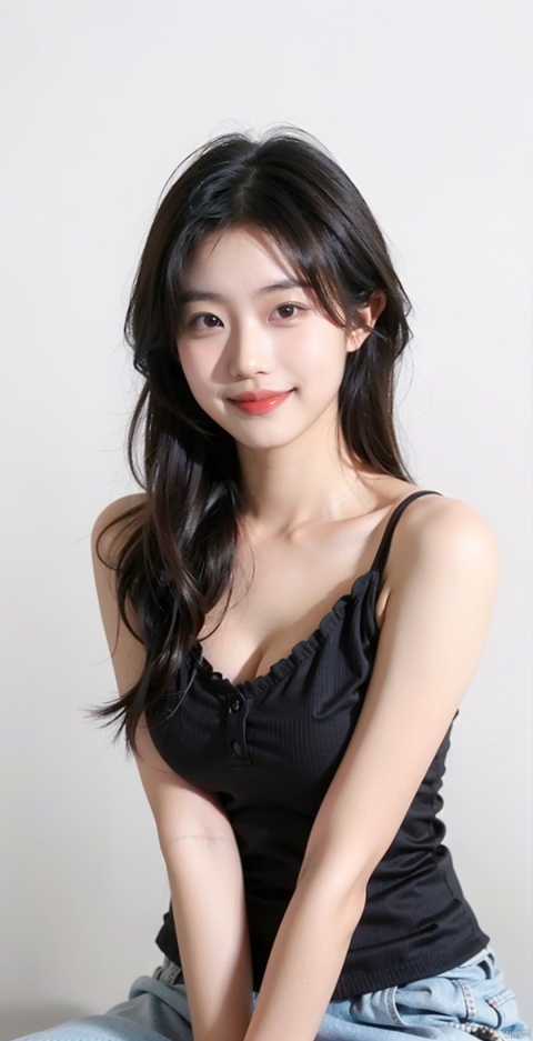  1girl, 16 years old, black hair, long hair, (smile:0.6), halfway hairstyle,cleavage,(Black camisole vest), Tight fitting clothing, V-neck, medium chest,
solid_background, white_background, , 1girl