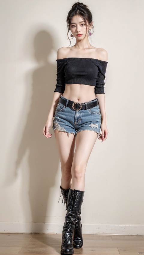  1girl, solo, navel, midriff, belt, pants, boots, looking at viewer, full body, jewelry, standing, earrings, multicolored hair, off shoulder, black hair, nail polish, crop top, black footwear, fishnets, bare shoulders, shorts,sit