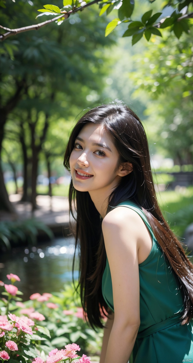  1girl, long hair, red lips,looking down, from side, long legs, high heels, thighhighs, seductive smile, rags,river, grove, flower, upper body, hanami kotoha, charming eyes, flowers, forming a beautiful picture, high quality picture, full HD picture, 8K resolution, photorealistic, intricate details, sharp focus, vibrant colors, trending on ArtStation, trending on CGSociety, by Greg Rutkowski, Midjourney, Jeremy Mann, Antonio Moro, Ed Blinkey, Atey Ghailan, Studio Ghibli, heart professional majestic oil painting, popular on DeviantArt, concept art, artwork., lvshui-green dress, Light master, (\meng ze\)

