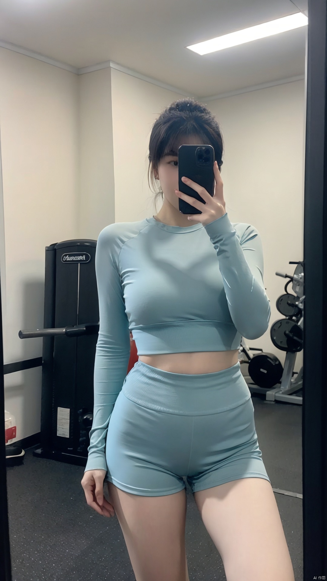  The image is a well-composed selfie taken by a gym-goer in front of a mirror. The lighting is soft and flattering, creating a warm and inviting atmosphere. The colors are vibrant, with the gym-goer's blue outfit standing out against the backdrop of the gym equipment. The style of the image captures the essence of fitness and self-care, with the gym-goer's outfit and pose exuding confidence and determination. The quality of the image is excellent, with sharp details and smooth transitions between the different elements in the scene. The technical aspects of the image are well-executed, with the mirror reflecting the gym equipment in the background, adding depth and interest to the scene. The gym-goer's outfit is well-chosen, with the blue top and cycling shorts complementing each other and creating a visually pleasing effect. Overall, this image is a testament to the photographer's skill and talent, with every element working together to create a beautiful and engaging picture.