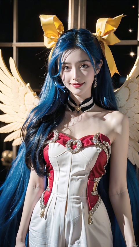  (beautiful, best quality, high quality, masterpiece:1.3) , solo focus,thin waist, wings , ggdizzy,((blue hair)), ((red eyes)),yellow hair ribbon,a girl have two wings and one wing is white and the other wing is black,smile,hair ribbon, glint sparkle