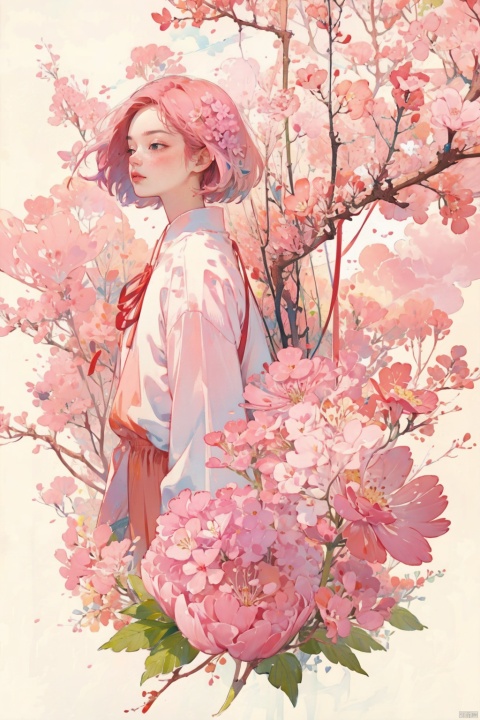  TT,flower,1girl,pink hair,pink flower,tree,ribbon,wide shot,leaf,cloud,red ribbon,gradient,cherry blossoms,gradient background,shorthair,branch,colors,迪士尼, ( figma:0.8)