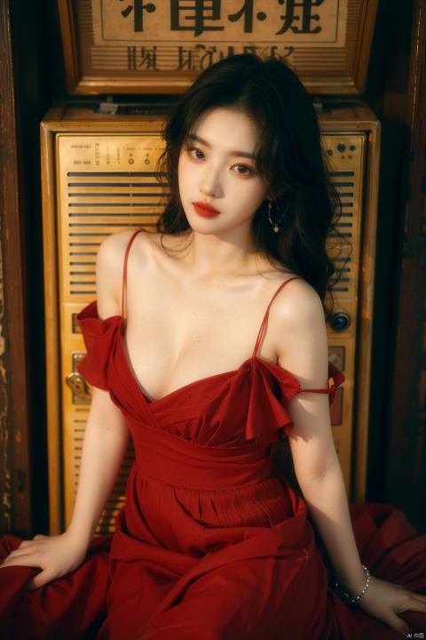  sdmai, hongchen, 1girl, solo, dress, red dress, black hair, realistic, breasts, jewelry, earrings, looking at viewer, bare shoulders,(big breasts:1.69), liuyifei,(large breasts:1.1),(breast expansion:1.6), (cleavage:1.2)