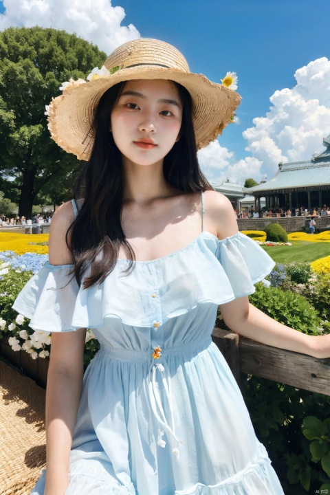  masterpiece, 1 girl, 18 years old, Look at me, long_hair, straw_hat, Wreath, petals, Big breasts, Light blue sky, Clouds, hat_flower, jewelry, Stand, outdoors, Garden, falling_petals, White dress, textured skin, super detail, best quality, HUBG_Rococo_Style(loanword),