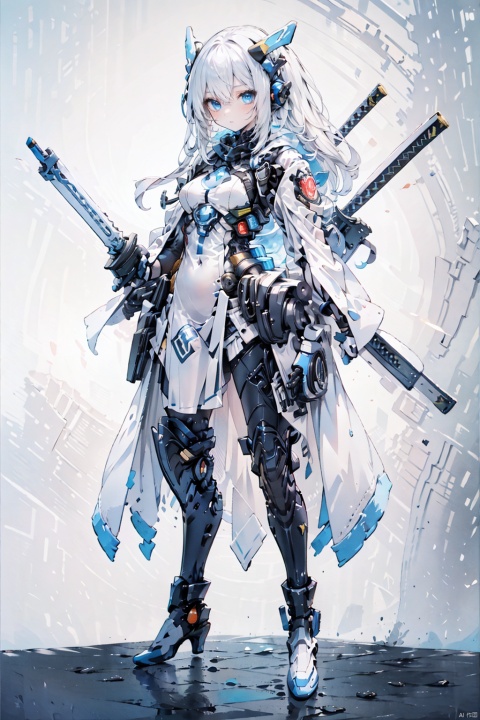 The image depicts a robot girl with white hair and blue eyes, dressed in a white dress and black boots. She is standing in a blue splash and carrying a sword on her right and a gun on her left., baimecha