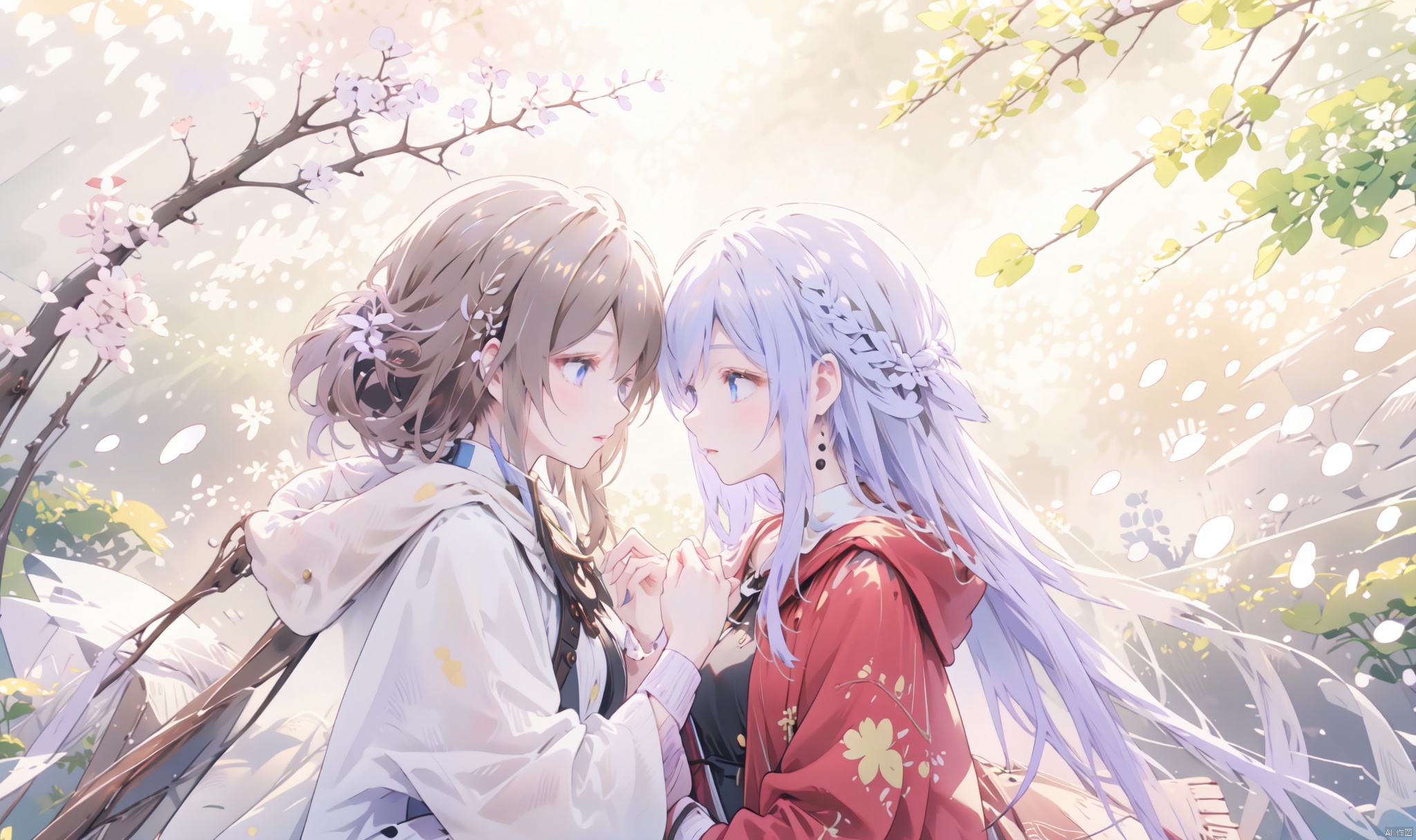  1girl, long hair, bangs, brown hair, black hair, long sleeves, 1boy, closed mouth, upper body, hetero, hand up, scarf, looking at another, coat, profile, leaf, expressionless, wind, light particles, eye contact, height difference, branch, white scarf, autumn leaves, yellow theme, clothes grab, A couple look at each other affectionately, Aesthetic, The seasons change, Winter, Autumn, Spring, Summer, Snow theme, Purple theme, Green theme, from side