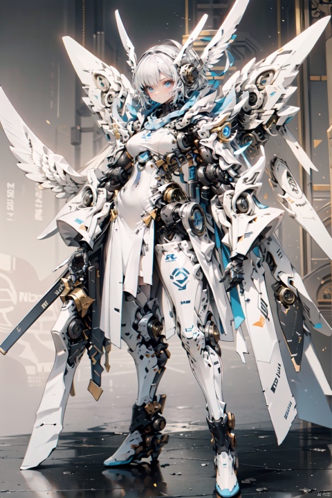  The image depicts a robot girl with white hair and blue eyes, dressed in a white dress and black boots. she has two mecha white wings with a giant fan on each wing. She is standing in a blue splash and carrying a sword on her right and a gun on her left., baimecha, machinery